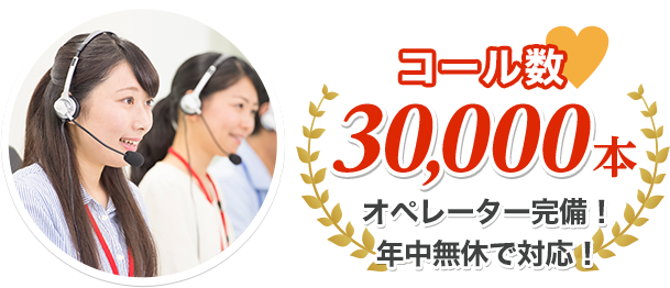 コール数 30,000本 オペレーター完備！年中無休対応！